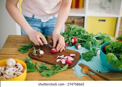 Healthy Food. Woman Preparing Mushrooms And Vegetables