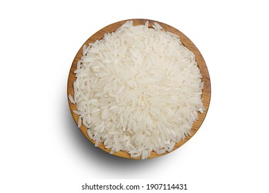 Healthy Food. A Wooden Bowl Of Rice On A White Background. Top View, High Resolution Product Copy Area