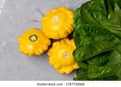 
Healthy Food. Yellow Squash And Green Spinach For Cooking A Vegetable Dish.