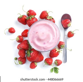 Healthy Food Of Yogurt. Strawberry Yogurt With Berries. Top View, High Resolution Product.