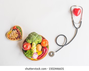 Healthy  Food,fruits,vegetable , Stethoscope  And  Red  Heart  On  White  Background  For  The  Health  Concept