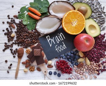 Healthy foods for brain and good memory. Best foods to boost brain health, brainpower, memory, and concentration. Brain-boosting foods, concept of healthy eating.