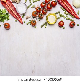 Healthy Foods, Cooking And Vegetarian Concept Summer Vegetables Border ,place For Text On Wooden Rustic Background Top View