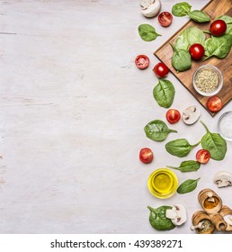 Healthy foods, cooking and vegetarian concept various vegetables, herbs and spices, space for text - Shutterstock ID 439389271