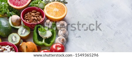 Healthy foods high in potassium. Products containing  vitamins, antioxidants and micronutrients for healthy balanced diet. Panorama, banner with copy space