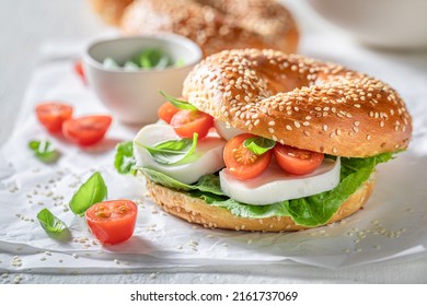 Healthy Fresh Bagels Mozzarella Cherry Tomatoes Stock Photo 2161737069 ...