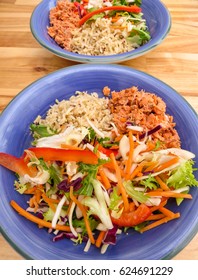 Healthy Fresh Lunch In Bowls Ready To Eat. Mixed Salad, Tinned Salmon, And Brown Rice. Showing A Healthy Balance Of 1/2 Vegetables, 1/4 Protein And 1/4 Carbohydrates. 