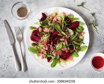 Healthy Fresh Salad. Beetroot, Red Chard And Canned Tuna Salad. Healthy Meal Recipe Preparation. Plant-based Dishes. Green Living. Vegetarian Recipes. Food Styling. Organic Food. Vegetarian Cuisine