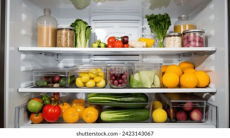 healthy fruits and vegetables in refrigerator shelfs - Powered by Shutterstock