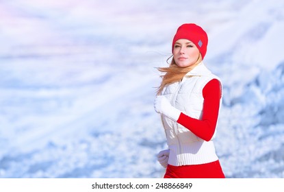 Healthy Girl Running Outdoor, Active Sportive Female Exercising, Weight Loss And Body Care Cardio Program, Woman Enjoys Jog In Winter, Sport And Fitness Lifestyle