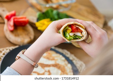 Healthy Gluten Free, Low Fat, Low Carb, Paleo Tortilla Wrap Stuffed With Vegetables, Chicken, Peppers Tomatoes And Green Leafy Salad