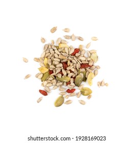 Healthy Grains Mix With Sunflower, Pumpkin Seeds And Dry Goji Berries Isolated On White Background Top View