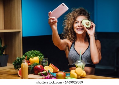 Healthy Green Eat, Selfie Girl Taking Picture Or Video Vlog For Social Network Of Clean Food Diet.