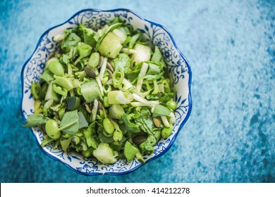 Healthy Green Salad, From Above On Blue Vibrant Table