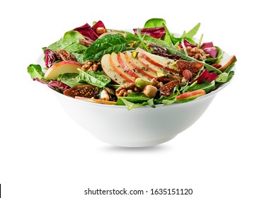 Healthy green salad with apple fruit and nuts isolated on white background