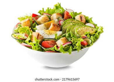 Healthy green salad with avocado, crouton and egg isolated on white background
