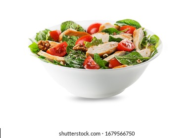 Healthy Green Salad With Chicken Breast, Tomato And Nuts Isolated On White