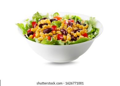 Healthy Green Salad With Corn And Beans Isolated On White Background. Mexican Corn Salad. 