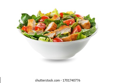 Healthy green salad with crispy fried chicken and tomato isolated on white