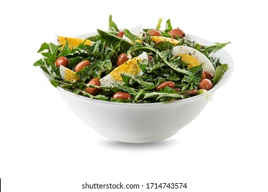 Healthy Green salad with dandelion leaves, egg and beans isolated on white
