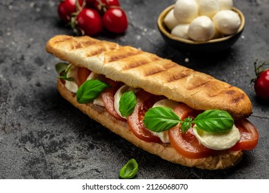 Healthy Grilled Basil Mozzarella Caprese Panini Sandwich. Delicious Breakfast Or Snack, Clean Eating, Dieting, Vegan Food Concept. Top View.