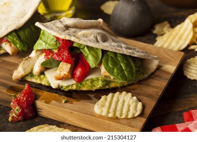 Healthy Grilled Chicken Pesto Flatbread Sandwich With Peppers And Spinach