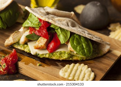 Healthy Grilled Chicken Pesto Flatbread Sandwich With Peppers And Spinach