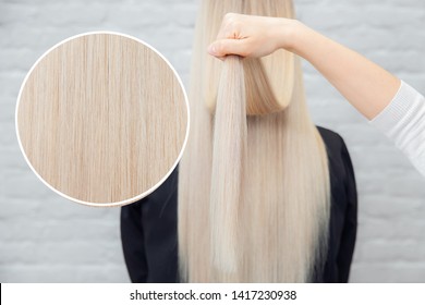 Healthy hair girl blonde backs, white background. Concept treatment care.