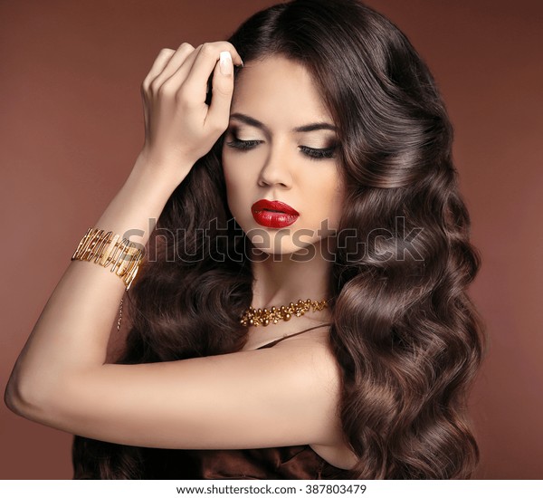 Healthy Hair Makeup Beautiful Brunette Girl Stock Photo