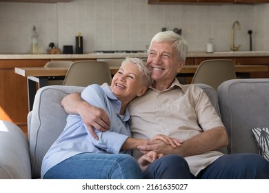Healthy Happy Old Couple Pensioners Cuddle On Sofa Look At Distance Dream Spend Good Days Together On Retirement. Loving Affectionate Mature Husband Wife Rest On Couch Imagine Visualize Future Plans