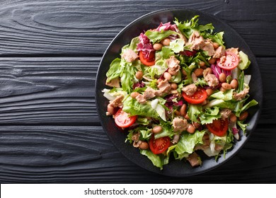 Healthy hearty salad of tuna, borlotti beans, tomatoes, lettuce close-up on a plate on the table. horizontal top view from above - Shutterstock ID 1050497078