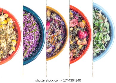 Healthy Heather dried flowers tea and different herbs in ceramic bowls. Homeopathy and herbal medicine, disinfectant, anti inflammatory, close up, selective focus