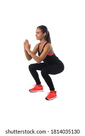 Healthy Hispanic Fitness Girl With Doing Workout Squat Exercise Isolated On White Background