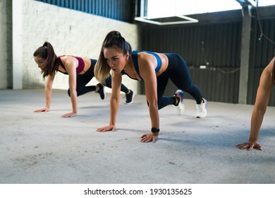 Healthy Hispanic Woman Doing Mountain Climbers During A Cardio Workout. Active Women In Sportswear Taking A HIIT Class At The Gym