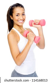 Healthy Hispanic Woman With Dumbbells Working Out Isolated On White Background. Fitness Gym Concept