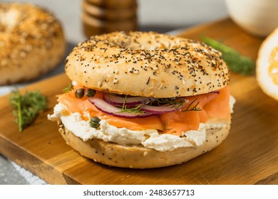 Healthy Homemade Bagel and Lox Sandwich with Capers and Dill