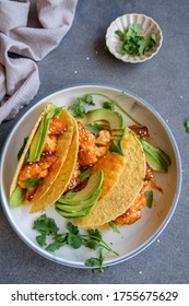 Healthy Homemade Cuisine / Vegan Spicy Korean BBQ Wings Tacos / Delicious Crunchy Tacos Eaten With Grilled Cauliflower Marinated With Spicy Korean Bbq Sauce, Sesame Seeds, Avocado Slices And Coriander