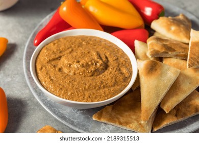 Healthy Homemade Muhammara Dip With PIta And Peppers