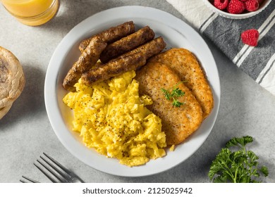 Healthy Homemade Scrambled Egg Breakfast With Sausage And Hashbrowns