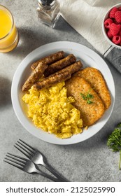 Healthy Homemade Scrambled Egg Breakfast With Sausage And Hashbrowns