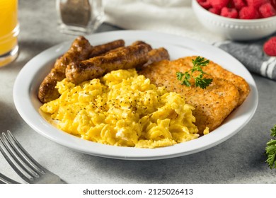 Healthy Homemade Scrambled Egg Breakfast With Sausage And Hashbrowns