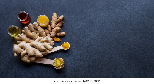 Healthy ingredients for boosting immunity - ginger, honey, and turmeric