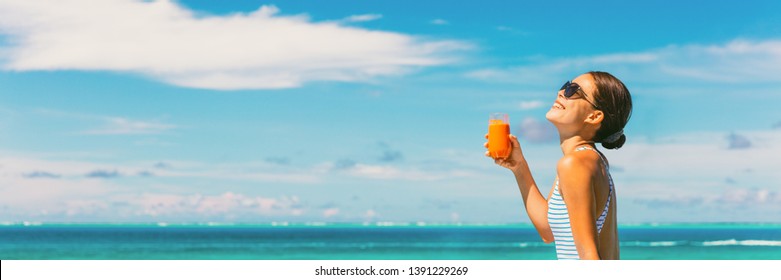 Healthy Juice Detox Happy Woman Drinking Carrot Juicing Smoothie Glass On Summer Sunny Day Vacation Background Banner Panorama. Copy Space On Blue Sky.