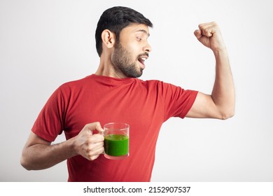 Healthy Keto Dieting Food, Man Drinking Fresh Green Vegetable Juice