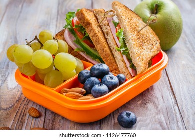 Healthy Kids Lunchbox With Sandwich, Fruits And Orange Juice