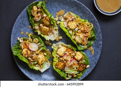 Healthy Lettuce Wrap With Vegetables, Tofu And Peanut Sauce