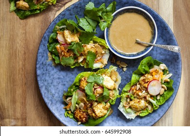 Healthy Lettuce Wrap With Vegetables, Tofu And Peanut Sauce