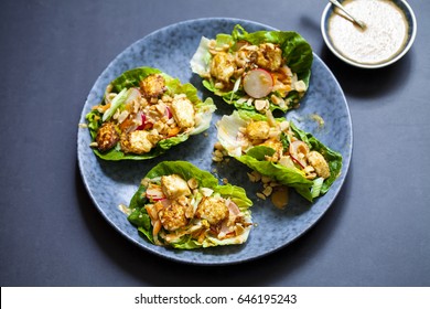 Healthy Lettuce Wrap With Vegetables, Tofu And Peanut Sauce