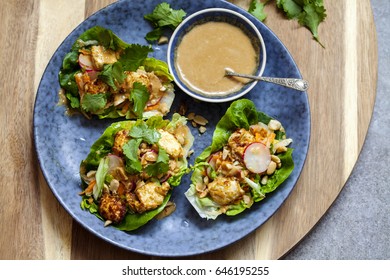 Healthy Lettuce Wrap With Vegetables, Tofu And Peanut Sauce