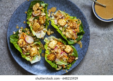 Healthy Lettuce Wrap With Vegetables, Tofu And Peanut Sauce